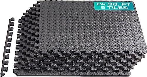Yes4All interlocking Exercise Foam floor mats, for Gym Equipment – Eva Tiles (24 Square Feet – Black – 6 pcs)