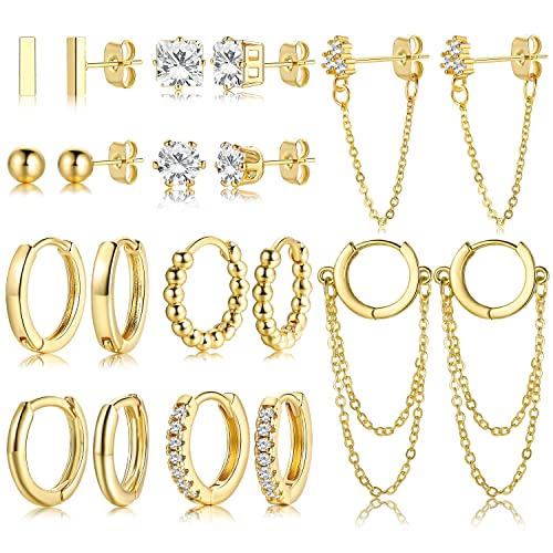 14K Small Gold Plated Hoop Studs Earrings for Women Girls, Fashion Hypoallergenic Dainty Minimalist CZ Ball Chain Earrings for Birthday Party Christmas Jewelry Gift.