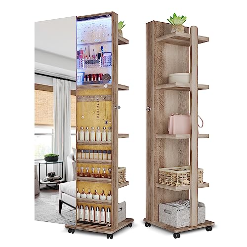 Lvifur 360° Rotating 63'' LED Jewelry Armoire,Full Length Mirror Large Capacity Floor Standing 3 Color Dimmable Jewelry Organizer Armoire with 4 rollers,Rear Storage Shelves