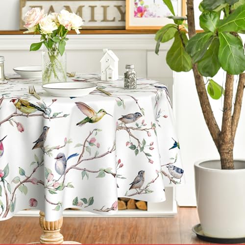Horaldaily Spring Summer Tablecloth 70x70 Inch Round, Birds Branch Floral Table Cover for Party Picnic Dinner Decor