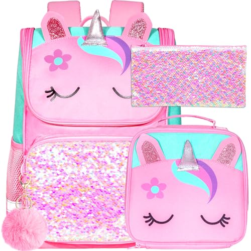 KLFVB 3PCS Girls Backpack, 15' Sequin Unicorn Bookbag with Lunch Box, Kids Preschool School bag for Elementary Students - Pink