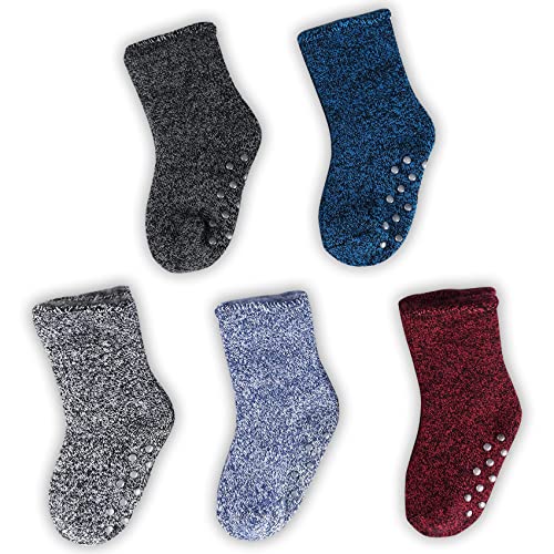 HOT FEET Toddler Crew Warm Thermal 5/6 Pack Socks Soft Thick Brushing, 2-4 Y (7-10 US) 5 Pack, 5 Marled Gripped