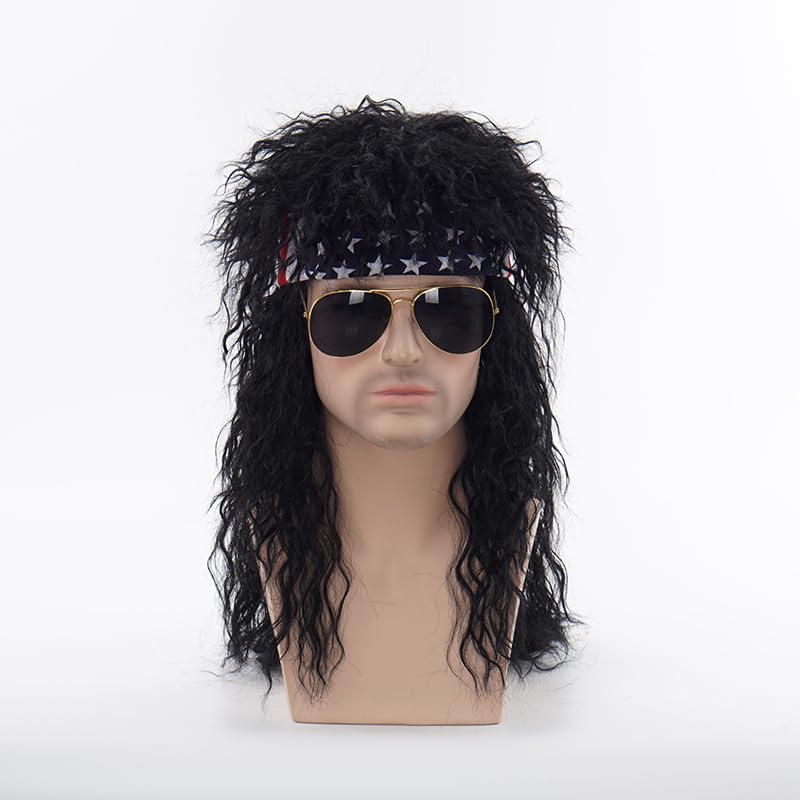 Eddie Munson Wig with Bands Rocker Michael Jackson 70s 80s Black Mullet Wig Hair Wgs, MJ Black Curly Adult Ponytail Fashion Wig for Halloween Costume Synthetic Human Hair WigsBoys (MJwigs-bands)