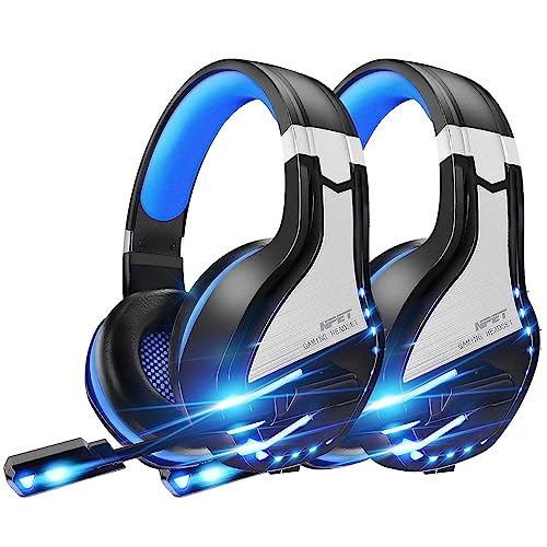 NPET 【2 Pack HS10 Stereo Gaming Headset for PS4 PC Xbox One PS5 Controller, Noise Cancelling Over Ear Headphones with Mic, LED Light, Bass Surround, Soft Memory Earmuffs Blue