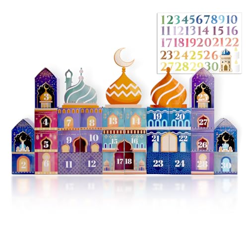 AUGSUN Ramadan Advent Calendar, Ramadan Mubarak Decorations Ramadan Countdown Calendar Refillable Diy Number Boxes with Colorful and Festive Islamic Art for Eid Ramadan Crafts Gifts Supplies