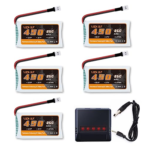 VICMILE 3.7V Lipo Battery 450mAh 25C RC Drone Batteries with 5-in-1 Charger Molex Plug Compatible with Most SYMA and Holystone RC Drone, Quadcopter, Aircraft Model and Mini RC Drone 5PCS