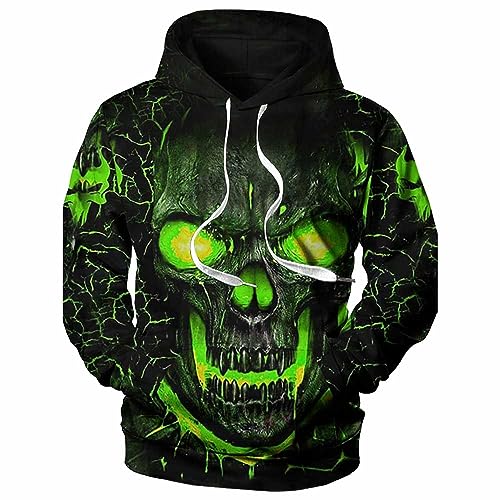 21Grams Unisex 3D Printed Skull Graphic Colorful Novelty Hoodies Realistic Digital Print Autumn Winter Pullover Hooded Sweatshirt for Christmas Halloween Green