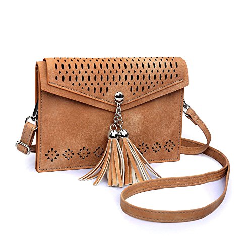 seOSTO Women Small Crossbody Purse, Tassel Cell Phone Purse Wallet Bags (Brown Tassel)
