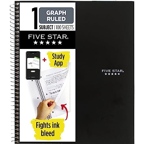 Five Star Spiral Notebook + Study App, 1 Subject, Graph Ruled Paper, Fights Ink Bleed, Water Resistant Cover, 8-1/2' x 11', 100 Sheets, Black (73679)
