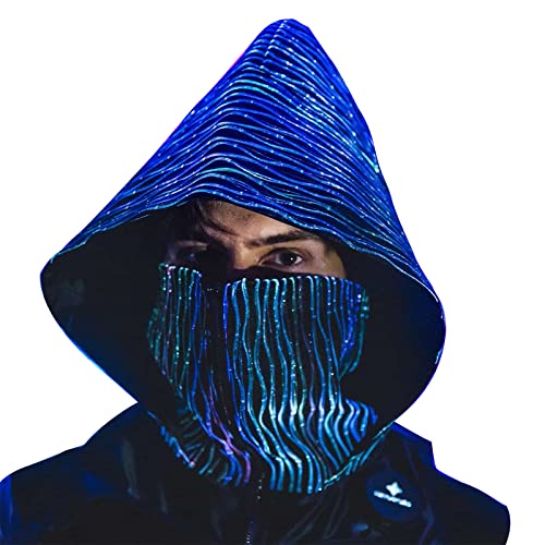 lumisonata Cowl Hood Light up Hat LED Rogue Hood Cosplay Mask Luminous Festival Accessories Punk Techwear Cape Futuristic Clothing Flashing Hat for Men Glow in The Dark Outfit Outdoor Costume