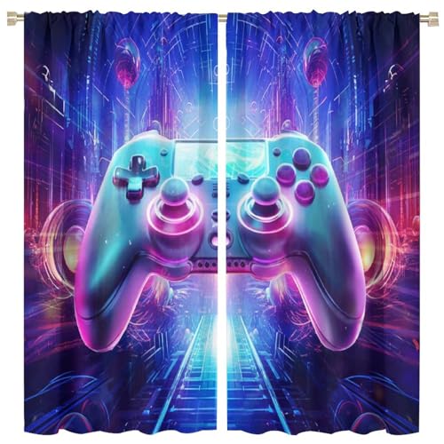 Kazynee Modern Teens Gamepad Blackout Curtains - Abstract Digital Video Game Gamepad Neon Design Rod Pocket Window Treatment Set Energy Saving Thermal Insulated Drapes Nursery,2 Panels 84' L x 42' W