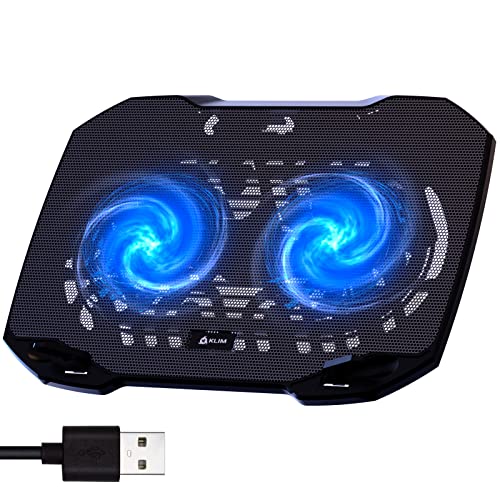 KLIM Pro Laptop Cooling Pad - NEW 2023 - Powerful Rapid Action Laptop Cooler - Sturdy Laptop Stand with Fan - Ventilador para laptop - Portable and Quiet - 2 USB Ports - PC Mac - 10-15.6' - Black/Blue