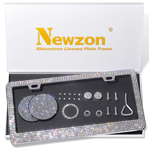 Newzon Bling License Plate Frame for Women 1 Pack, Sparkly Bedazzled Diamond License Plate Frame, White Rhinestone License Plate Frame - Crystal Car Cup Holder Coaster, Girly Glitter Car Tag Frames