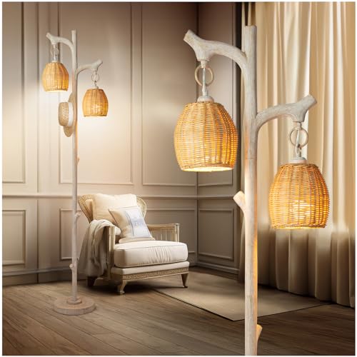 68' High Farmhouse Rustic Country Cottage Floor Lamp Tree Trunk Faux Wood Column White Washed Wicker Drum Shade Decor for Living Room Bedroom Reading Room