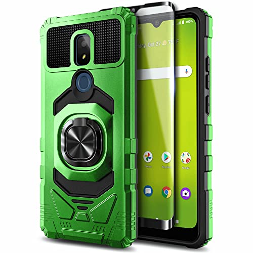 NZND Case for Cricket Icon 3 /Motivate 3 (3rd Version) /At&t Motivate 2 (2nd) / Splendor with Tempered Glass Screen Protector (Maximum Coverage), Full-Body Protective Ring Holder Case Cover (Green)