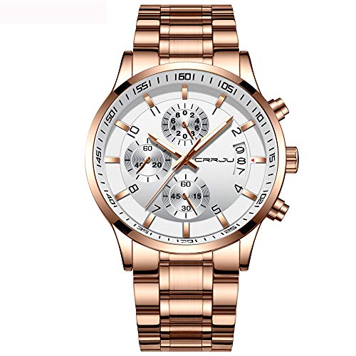 CRRJU Men's Watches Date Quartz Multifunctional Chronograph Wristwatches,Stainsteel Steel Band Waterproof Watch (rose white)