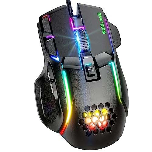 WolfLawS Wired Gaming Mouse, Computer PC Gaming USB Mice with 12 RGB Backlit Modes, High-Precision Adjustable 12800 DPI, 10 Programmable Buttons, Ergonomic Plug Play Gamer Mouse for Laptop Mac