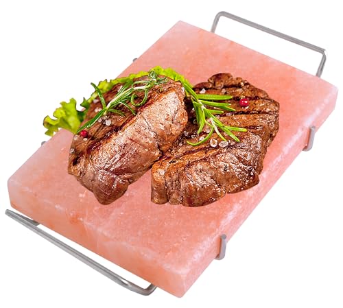 Spantik Professional Salt Block Set with Steel Tray 12' x 8' x 1.5' Himalayan Cooking Plate for Grilling, Cooking, Serving, 100% Pure Natural Food Grade Salt Stone Unique Gifts for Barbecue Smoker Grillers Men Women