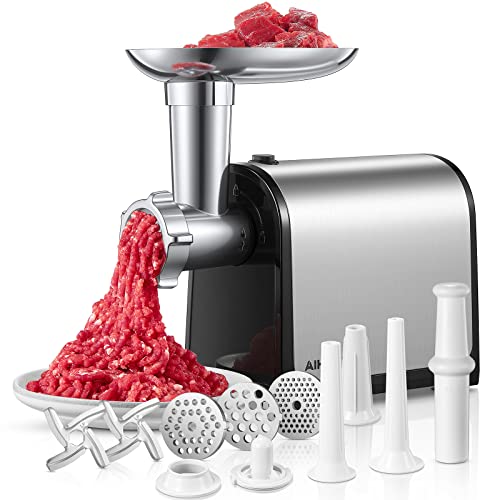 Electric Meat Grinder, Sausage Stuffer with 3 Sausage Tubes, 2 Blades, 3 Plates, 2000W Max, Meat Grinder Heavy Duty for Home Kitchen Use, Stainless Steel (Black)