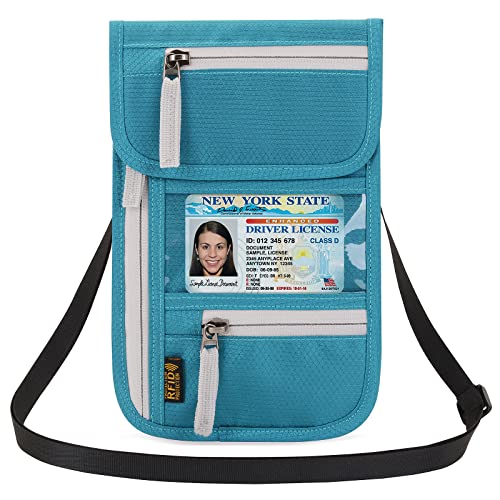 Arouselove Neck Wallet Lightweight Passport Bag RFID Blocking Waterproof Travel Pouch Zipper Velcro and Visual Window Design (Lake Blue) (WDHY)