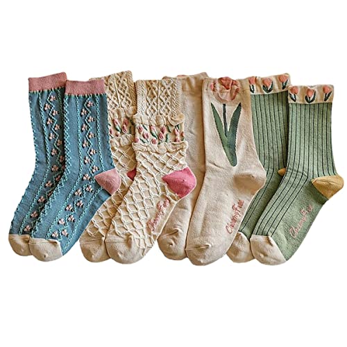 Casual Vintage Floral Cotton Socks for Women 4 Pairs Cute Ruffle Slouch Socks 5-9 for Teen Grils Above Ankle Athletic Socks (Tulip Series(4 Pairs))