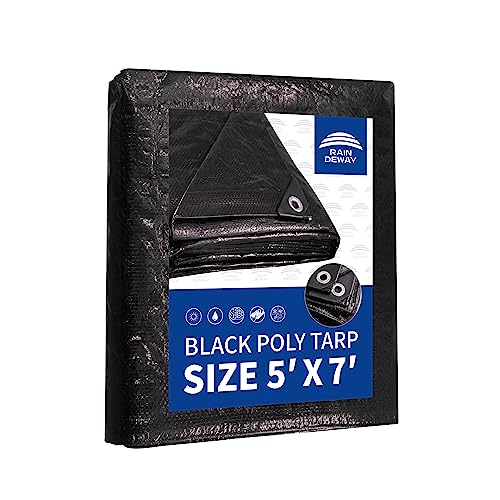 RAINDEWAY Small Black Tarp 5x7 Feet, UV Resistant, 8 Mil Multipurpose Medium Duty Waterproof Poly Tarp Cover with Metal Grommets and Reinforced Edges