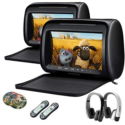 XTRONS Pair Car Headrest DVD Player, 9 Inch Screen Dual Vehicle Headrest Monitor Supports Slot-Load DVD Audios Videos, Games Disc, HDMI Input, USB, SD, IR with New Black & White IR Headphones