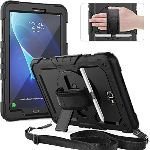 Timecity Case for Samsung Galaxy Tab A 10.1 inch 2016 Release, SM-T580 T585 T587 Case, Heavy Duty Protection Case with Screen Protector, Stand, Hand Strap and Shoulder Strap Stylus Holder - Black