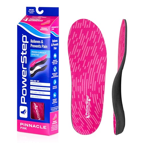PowerStep Pinnacle Pink Orthotics for Women - Arch Support Inserts for Pain Relief & Plantar Fasciitis - Firm + Flexible for Increased Comfort, Stability and Control from Pronation (W 7-7.5, M 5-5.5)