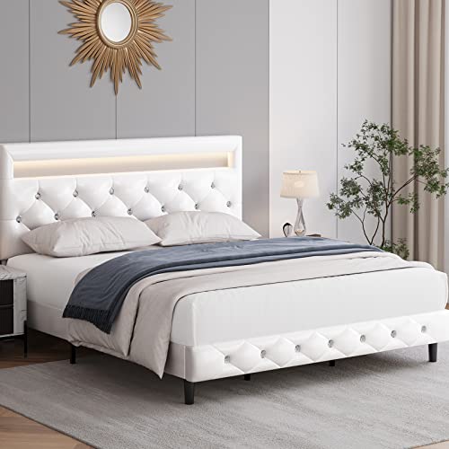 Keyluv Modern Upholstered Queen Bed Frame with LED Lights, Faux Leather Low Profile Platform Bed Frame, Adjustable Crystal Button Tufted Headboard, Strong Wood Slat Support, Easy Assembly, White