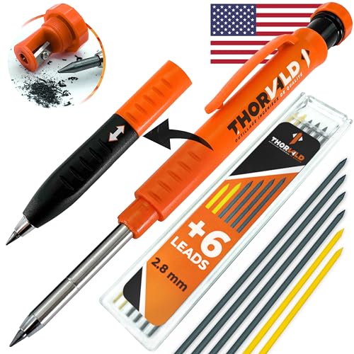 THORVALD New 2-in-1 Carpenter Pencils with Finger Grip for Carpenter (Incl. 7 Leads + Sharpener) Solid Mechanical Pencils with Fine Point/Best Marking tools Construction/Carpenters/Scriber