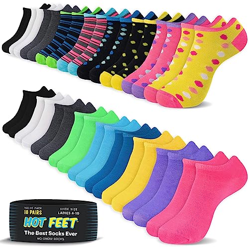 HOT FEET 6,12,18 Pack - No Show Socks for Women, Thin Low Cut Ankle Socks for Teens and Girls, Athletic Socks - Size 4-10, Stripes/Dots/Solid-2