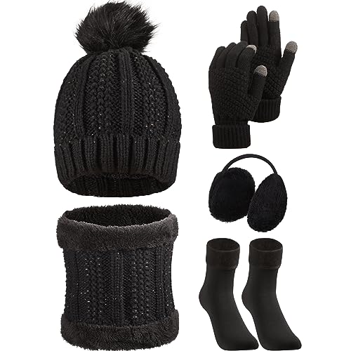 SATINIOR 5 Pcs Winter Hat Scarf Gloves Set Knit Beanie Pompom Hat Warm Touch Screen Gloves Earmuff Warmer Stocking for Women(Black, Classic Style)