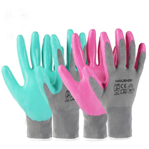HAUSHOF 6 Pairs Garden Gloves for Women, Nitrile Coated Working Gloves, for Gardening, Restoration Work, Medium, Pink & Green, M