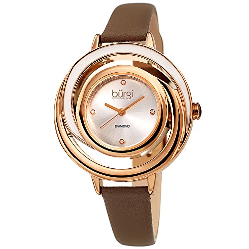 Burgi Leather Women's Watch - Slim Leather Strap - Three Hand Movement with Diamond Markers - Floating Enamel Dial - Round Analog Quartz
