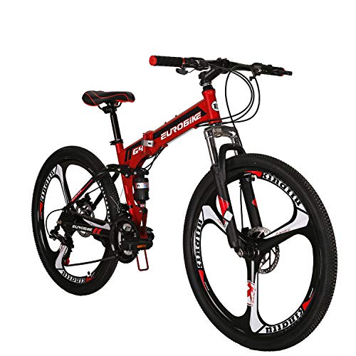 EUROBIKE OBK 26 Inch Folding Mountain Bike Full Suspension Bikes Dual Disc Brake 21 Speed Bicycle for Adults Men or Women (Red Mag Wheels)
