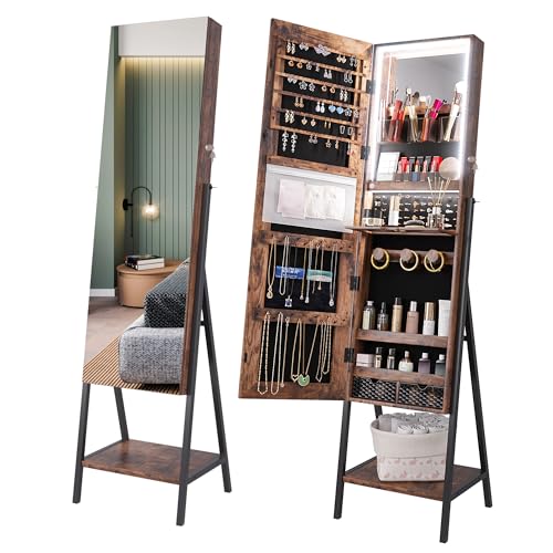 jajov 47.2” H LED Mirror with Jewelry Storage, standing Mirror Jewelry Cabinet, Lockable Jewelry Armoire with Lights, Lighted Mirror with jewelry cabinet (Rustic Brown)