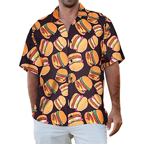Men's Hamburger Short Sleeve Shirts Casual Tropical Food Funny Print Button Down Hawaiian Shirt