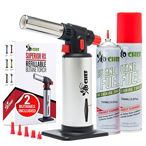 Jo Chef Kitchen Torch Butane included, Refillable Torch Lighter, Creme Brulee Butane Torch gun With Safety Lock & Adjustable Flame, Culinary Cooking Blow Torch for Food, 2 Cans Included