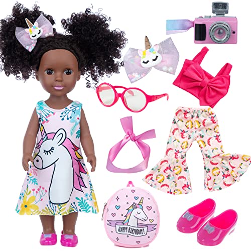 ZQDOLL Black Doll and Black Baby Doll Clothes 14.5 inch African American Silicone Girl Doll with 2 Sets Clothes and Travel Equipment Camera Backpack Glasses etc - Best Gift for Kids Girls