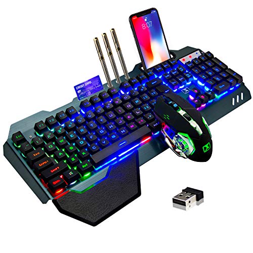 Wireless gaming Keyboard and Mouse,Rainbow Backlit Rechargeable Keyboard Mouse with 3800mAh Battery Metal Panel,Removable Hand Rest Mechanical Feel Keyboard and 7 Color Gaming Mute Mouse for PC Gamers