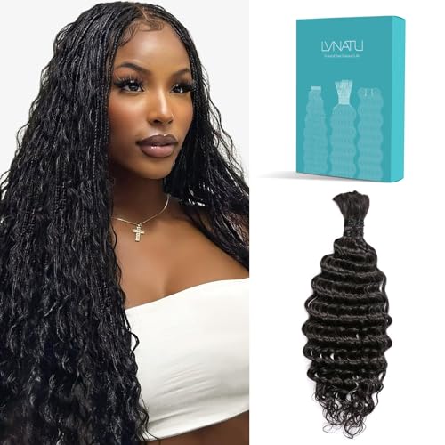 Lvnatu Boho Braids Human Hair for Bohemian Knotless Braids Braiding Hair Wet and Wavy Deep Wave Bulk No Weft 2 Bundles 100g 22 Inch Natural Black
