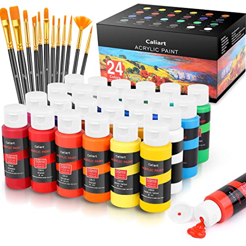 Caliart Acrylic Paint Set With 12 Brushes, 24 Colors (59ml, 2oz) Art Craft Paints Gifts for Artists Kids Beginners & Painters, Aesthetic Cute Preppy Stuff School Supplies, Canvas Ceramic Rock Painting Kit Art Supplies Mothers Day Gift for Mom