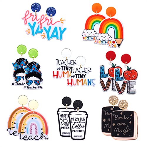 8 Pairs Teacher Earrings Acrylic Rainbow Pencil Book Drop Dangle Colorful Math Back To School Jewelry Appreciation Gifts