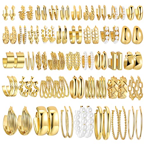 42 Pairs Gold Hoop Earrings Set for Women, Fashion Chunky Pearl Earrings Multipack Twisted Statement Earring Pack, Hypoallergenic Small Big Hoops Earrings for Birthday Party (Gold-42 Pairs)