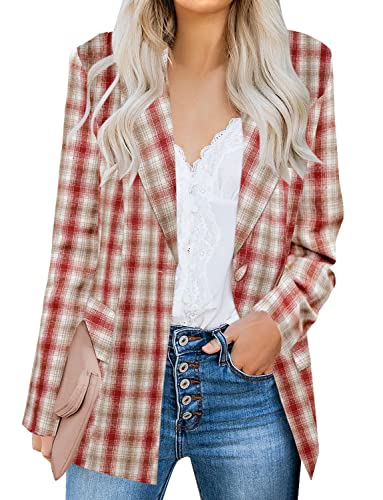 luvamia Women's Casual Long Sleeve Lapel Button Slim Work Office Blazer Jacket Summer Blazer for Women Plaid Red Brown Size Large Size 12 Size 14
