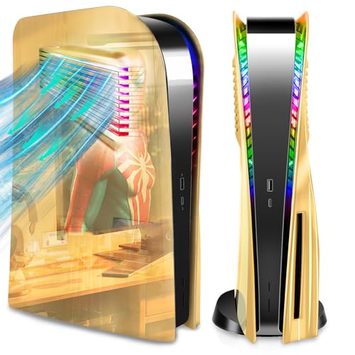 SIKEMAY PS5 Plates Console Accessories with Cooling Vent and RGB LED Light Strip for Playstation 5 Disc Edition, PS5 Cover Face Plates Hard Shockproof Side Shell Skin, 8 Colors 400 Effects - Gold
