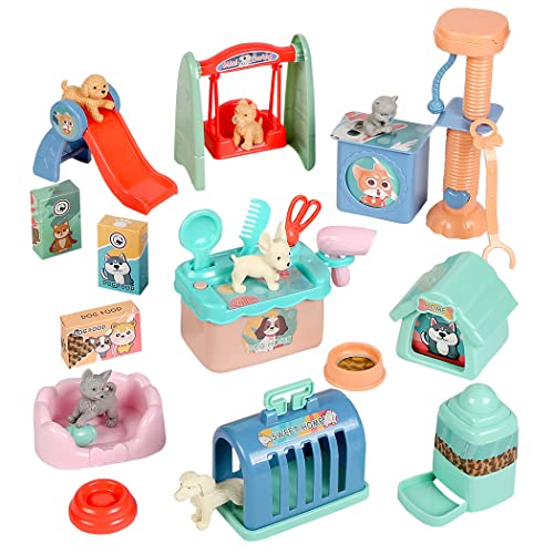 TAKIHON Dog House Toy Set for Kids,Puppy Pet Care Playset,Pretend Play Toys with 6pcs Realistic Detailed Dog Figures,Fun Role Play Educational Toys,Birthday Gift for Toddlers,Boys,Girls(25pcs)