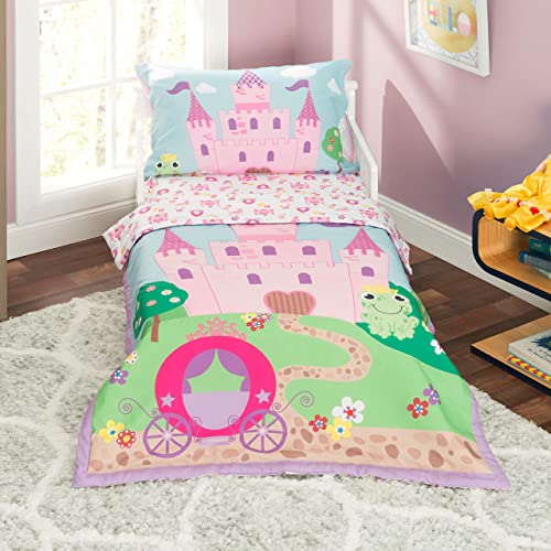 EVERYDAY KIDS 4 Piece Toddler Bedding Set -Princess Storyland- Includes Comforter, Flat Sheet, Fitted Sheet and Reversible Pillowcase
