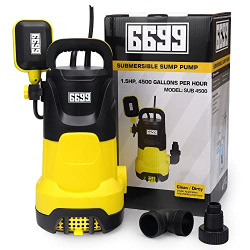 6699 1.5HP Handy Utility Pump Submersible Water Pump 4500GPH High Flow to Remove Clean/Dirty Water for Swimming Pool Pond Hot Tub Flooded House Rain Barrel with Float Switch SUB 4500